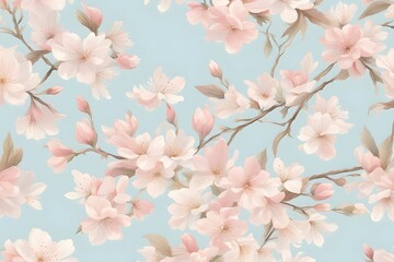 A delicate floral pattern with soft pastel colored cherry blossoms scattered across the design, AI Generated