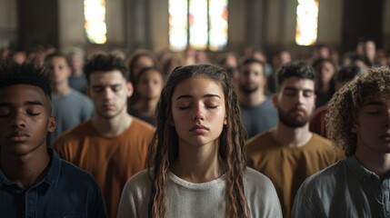 Fototapeta premium A diverse group of individuals stands quietly, eyes closed, in a reflective moment inside a church