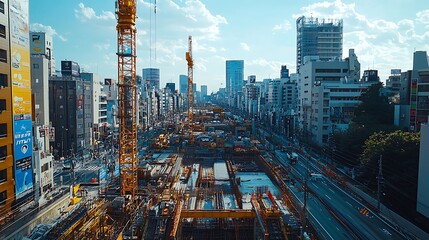 Fototapeta premium An urban construction site bustling with tower cranes and rising skyscrapers.