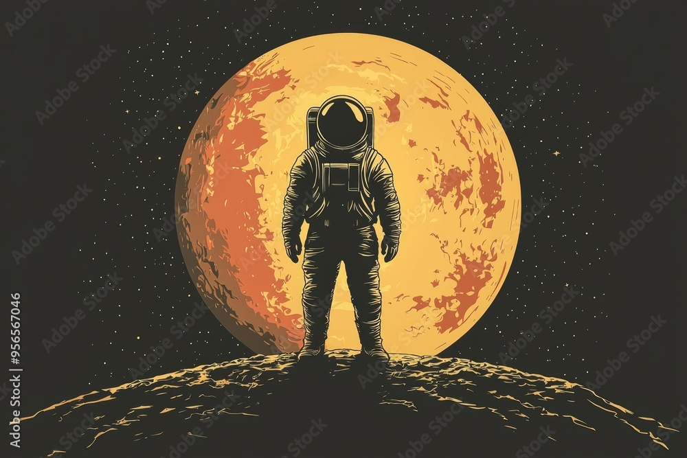 Poster astronaut standing on a lunar surface with a giant moon in the background