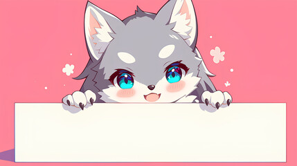cute wolf holding up a blank sign, colorful cartoon character, empty banner,, anime style, cute kawaii, simple, smiling happy. high quality, isolated background
