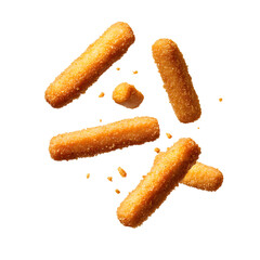 Crispy fried mozzarella cheese sticks falling isolated transparent background
