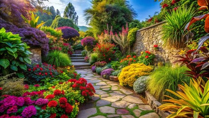 Vibrant blooming plants with varied textures and colors thrive in a lush garden, surrounded by rustic stone walkways and warm, sunny natural light.