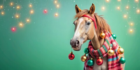 Festive hipster horse with scarf, star, socks, Christmas balls, and neon light on mint background , hipster, Christmas, horse