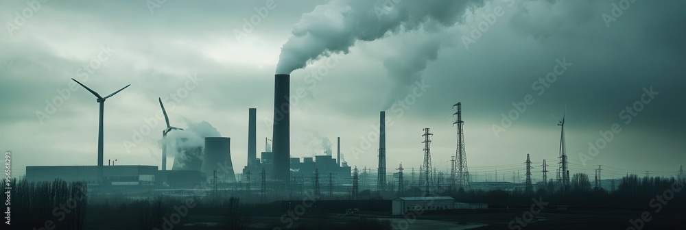 Poster Wind turbines stand tall alongside closed coal mines and old factories, highlighting the shift towards renewable energy solutions in the area. Generative AI