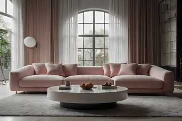 Modern living room,home interior design concept, comfortable pink sofa, cozy carpet, coffee table, and plants. Generative AI.