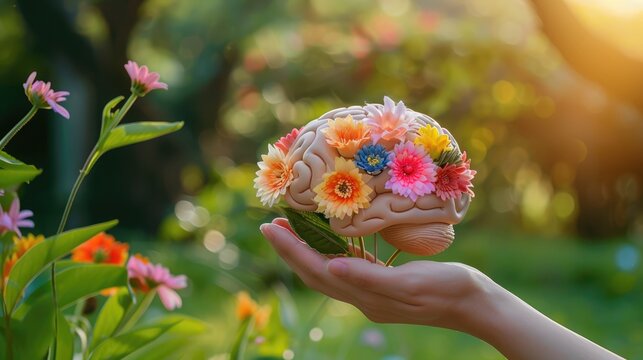 A hand holding a brain model with colorful flowers in the garden, a concept of happiness and mental health for humans, with a blurred green natural background.