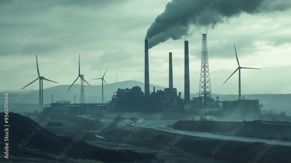 Aufkleber closed coal mines and towering factories contrast with wind turbines, showcasing the shift towards r