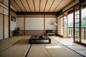 Modern living room, Japanese home interior design concept, comfortable wooding floor and walls, coffee table, and plants. Generative AI.