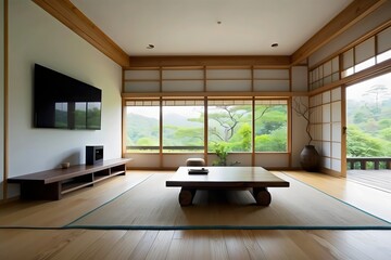 Modern living room, Japanese home interior design concept, comfortable wooding floor and walls, coffee table, and plants. Generative AI.