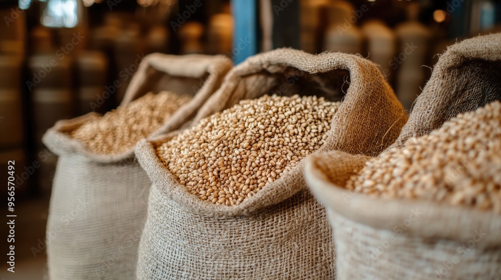 Poster a close-up of burlap sacks filled with grain. this image is perfect for illustrating themes of agric