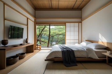 Modern bedroom, home interior design concept, comfortable bed, wooding floor and floor, cozy carpet, plants. Generative AI.