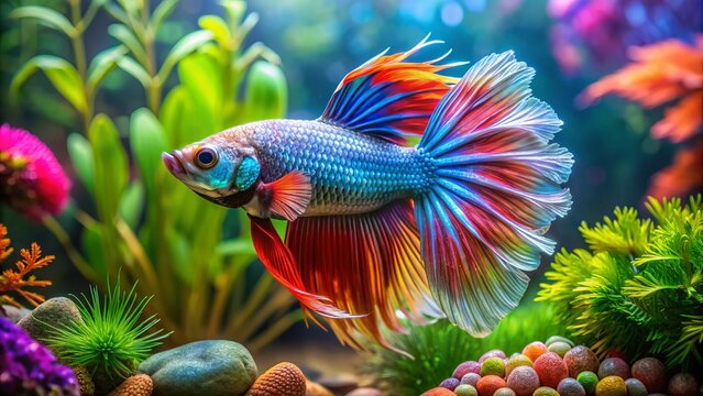 Vibrant fancy betta fish with elaborate fins and tail swims in a decorative aquarium filled with lush green aquatic plants and colorful ornaments.