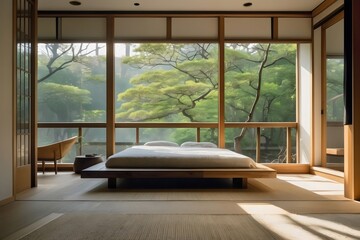 Modern bedroom, home interior design concept, comfortable bed, wooding floor and floor, cozy carpet, plants. Generative AI.