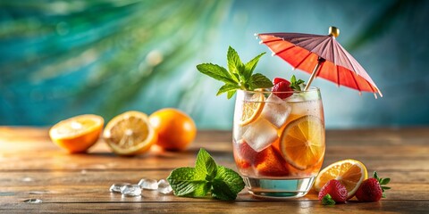 Refreshing cocktail with ice, fruit, and a tiny umbrella perfect for summer drinks and vacation vibes, Summer, cocktail