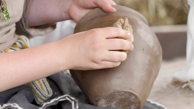 A woman making an earthen pot. Craft culture of the Baltics. Historical reenactment. Rumsiskes, Lithuania- 07 05 2024. 