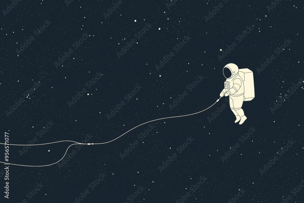 Poster astronaut tethered to a line in space