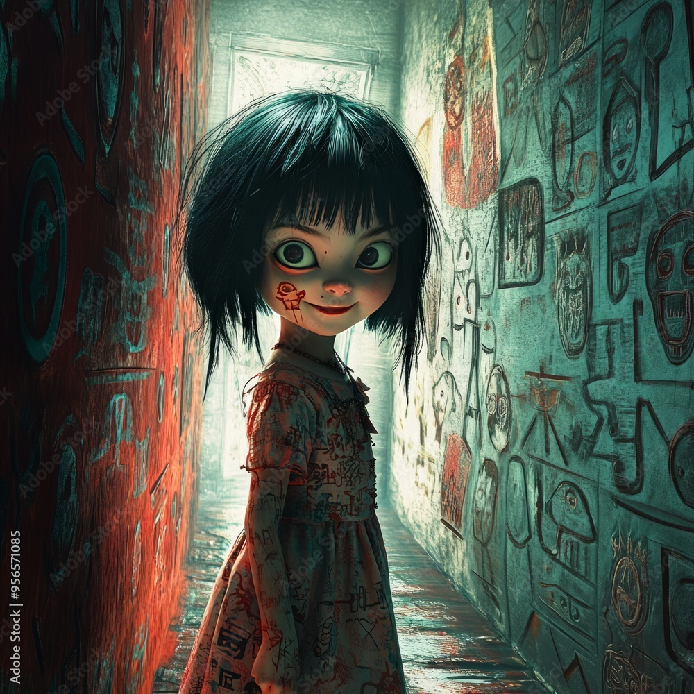 Wall mural A young girl with dark hair and a red dress stands in a dark alleyway, her eyes wide and her expression unsettling.