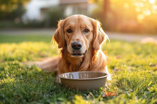 Golden retriever dog in grass. Photo portrays a dog's hunger and anticipation for food.