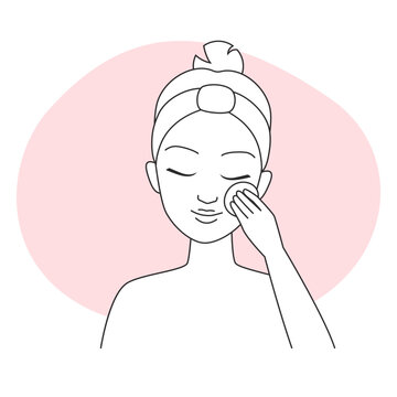 recommend clip art: Vector line art illustration of a woman performing a skincare routine with a pink background.