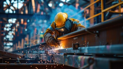 Bridge construction engineer welding steel beams at a bridge site, sparks flying, with the structure towering above.