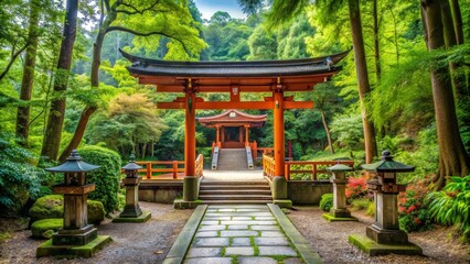 Fototapeta premium Tranquil landscape of a Japanese shrine surrounded by lush greenery and traditional torii gates, Shinto, architecture