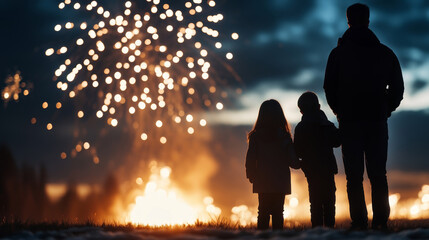 A family marvels at colorful fireworks lighting up the night sky, surrounded by a warm bonfire glow