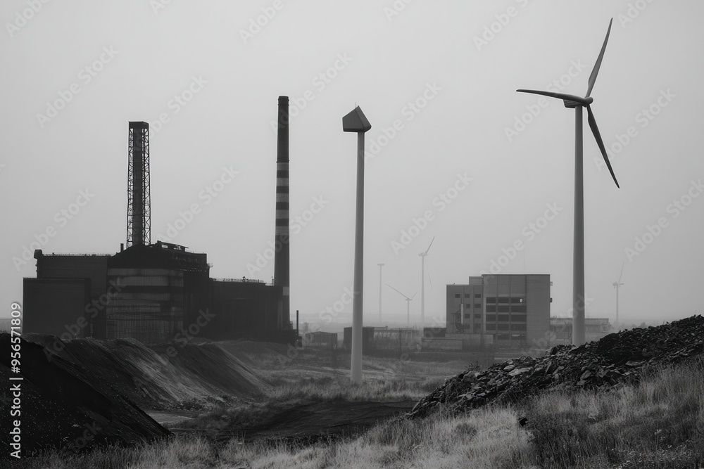 Poster closed coal mines and towering wind turbines symbolize the ongoing transition to green energy, contr