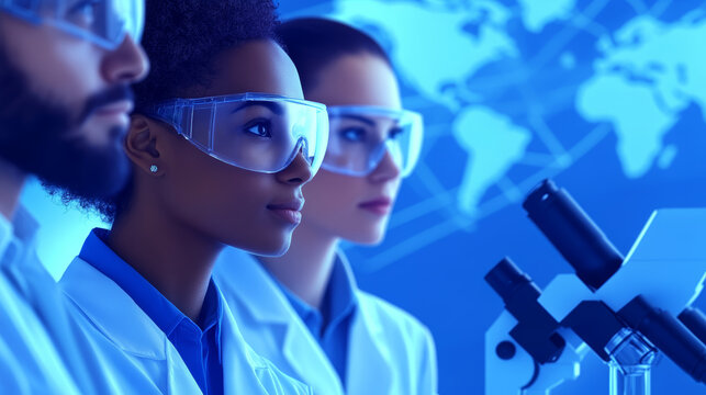 A diverse group of scientists works together on a project in a high-tech lab