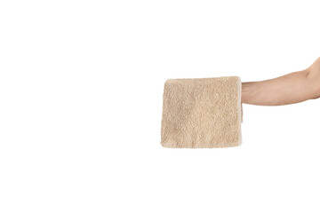Brown cotton towel in hand. Isolated on white.