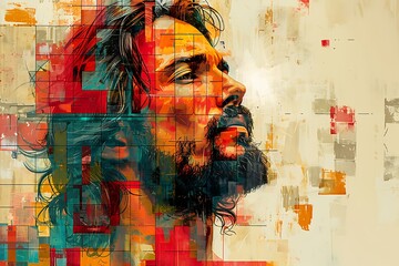 an abstract depiction of Jesus using a blend of cultural symbols and colors