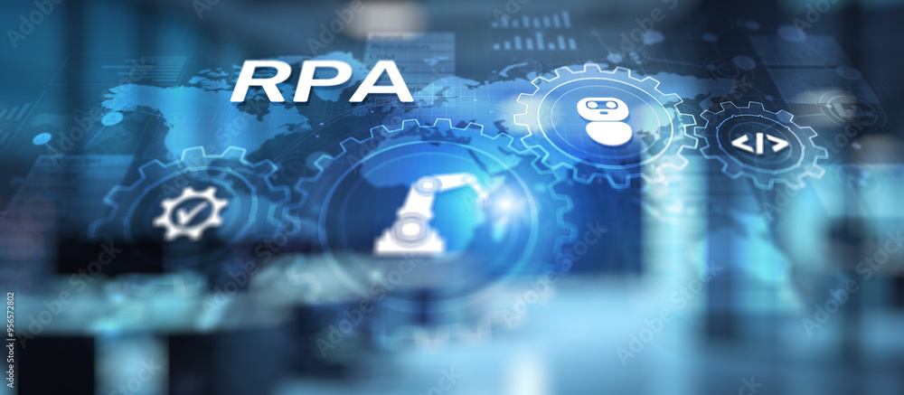 Poster rpa robotic process automation innovation technology concept on virtual screen.