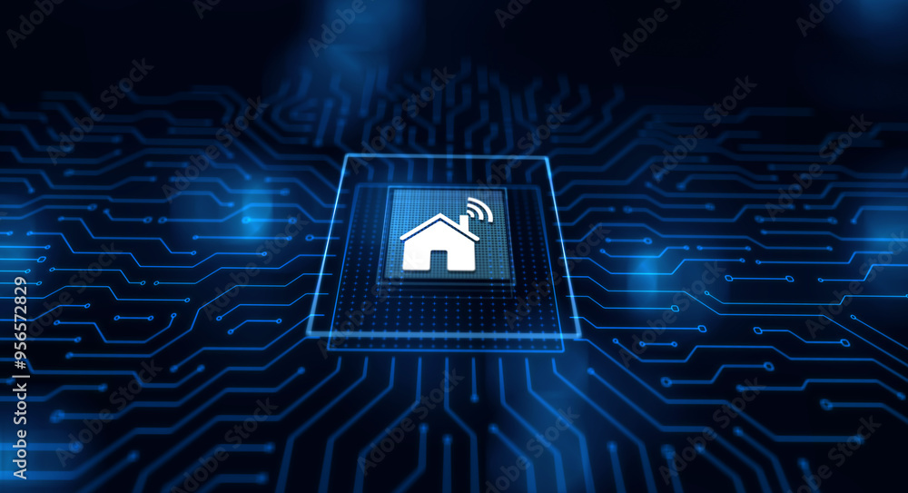 Poster smart home control panel on virtual screen. iot and automation technology concept.