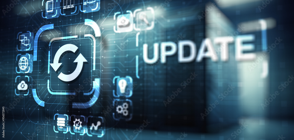 Poster update system upgrade software version technology concept on virtual screen.
