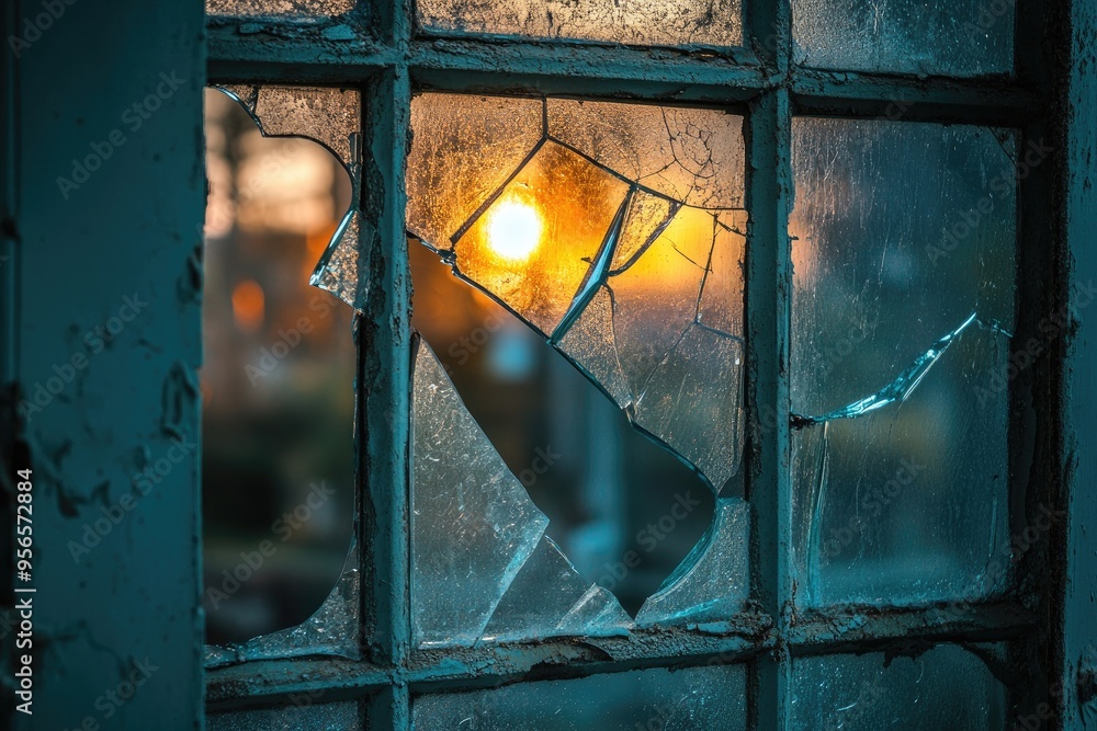 Poster broken window with sunset view. this photo is perfect for illustrating concepts of vulnerability, fr