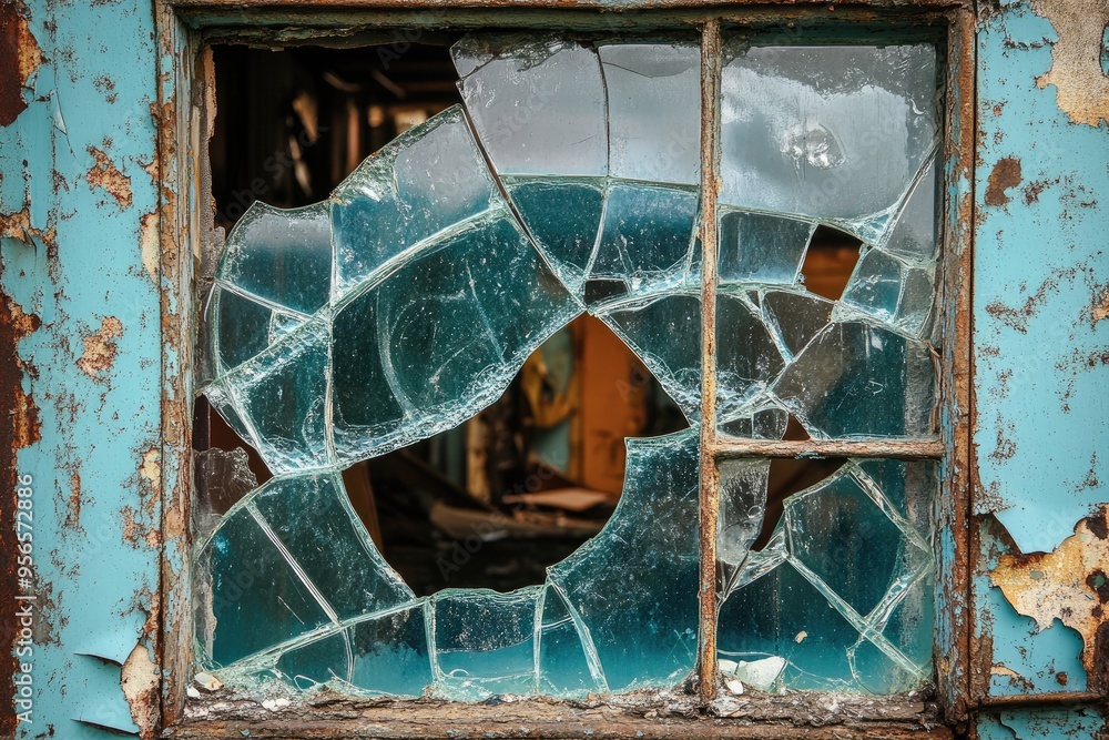 Poster a broken window pane with a large hole. this photo depicts the aftermath of a break-in or vandalism,