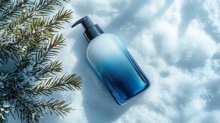 A bottle of blue shampoo lying on the white snow with a pine next to it.