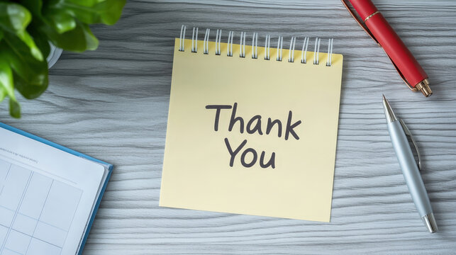 "Thank You" message on a yellow notepad surrounded by pens and plants