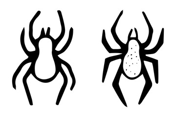 Spider silhouette. Black and white outline drawing for Halloween. Hand drawn isolated graphic clipart. Line illustration of creepy insect for invitation design, cards. Simple Doodle style