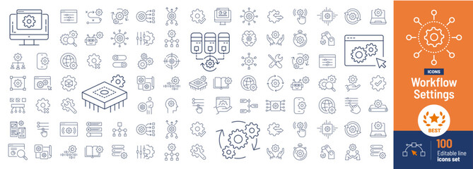 Workflow thin line icon set. Containing hierarchy, mechanism, manager, collaboration, organisation, activity, operation, procedure, planning, process, system arrow, productivity, progress, strategy