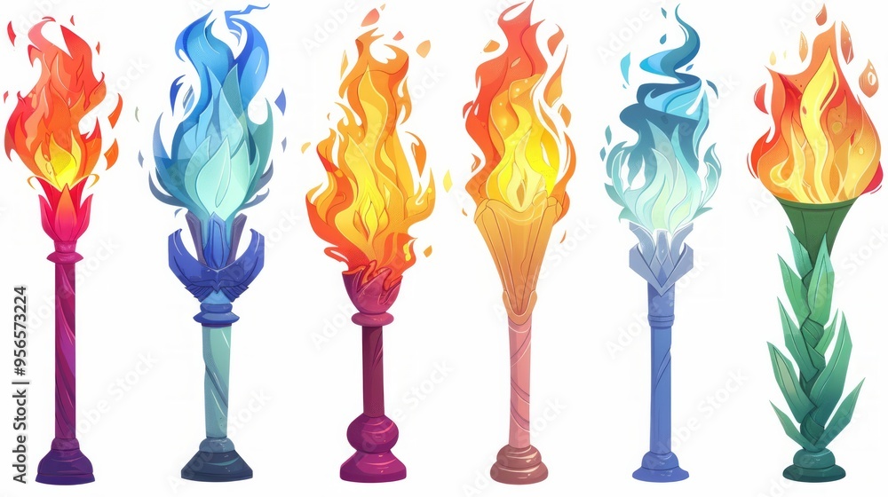 Poster set of different torch with fire on white background