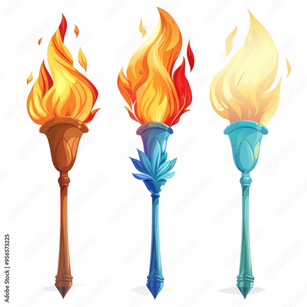 Poster set of different torch with fire on white background
