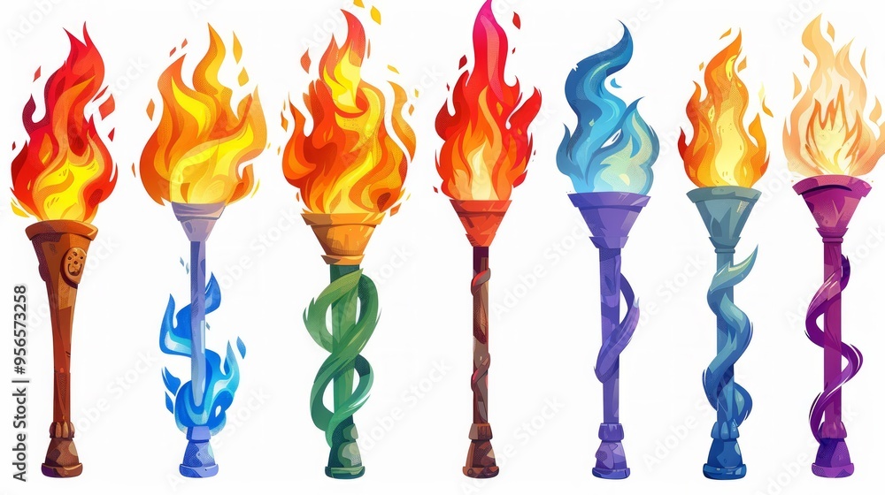Poster set of different torch with fire on white background