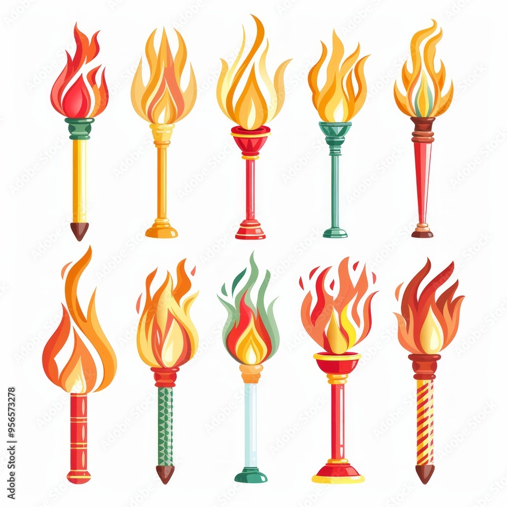 Poster set of different torch with fire on white background
