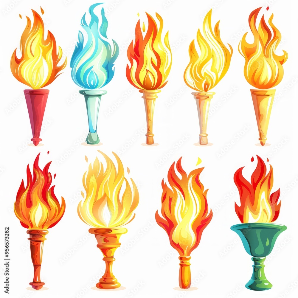Poster set of different torch with fire on white background