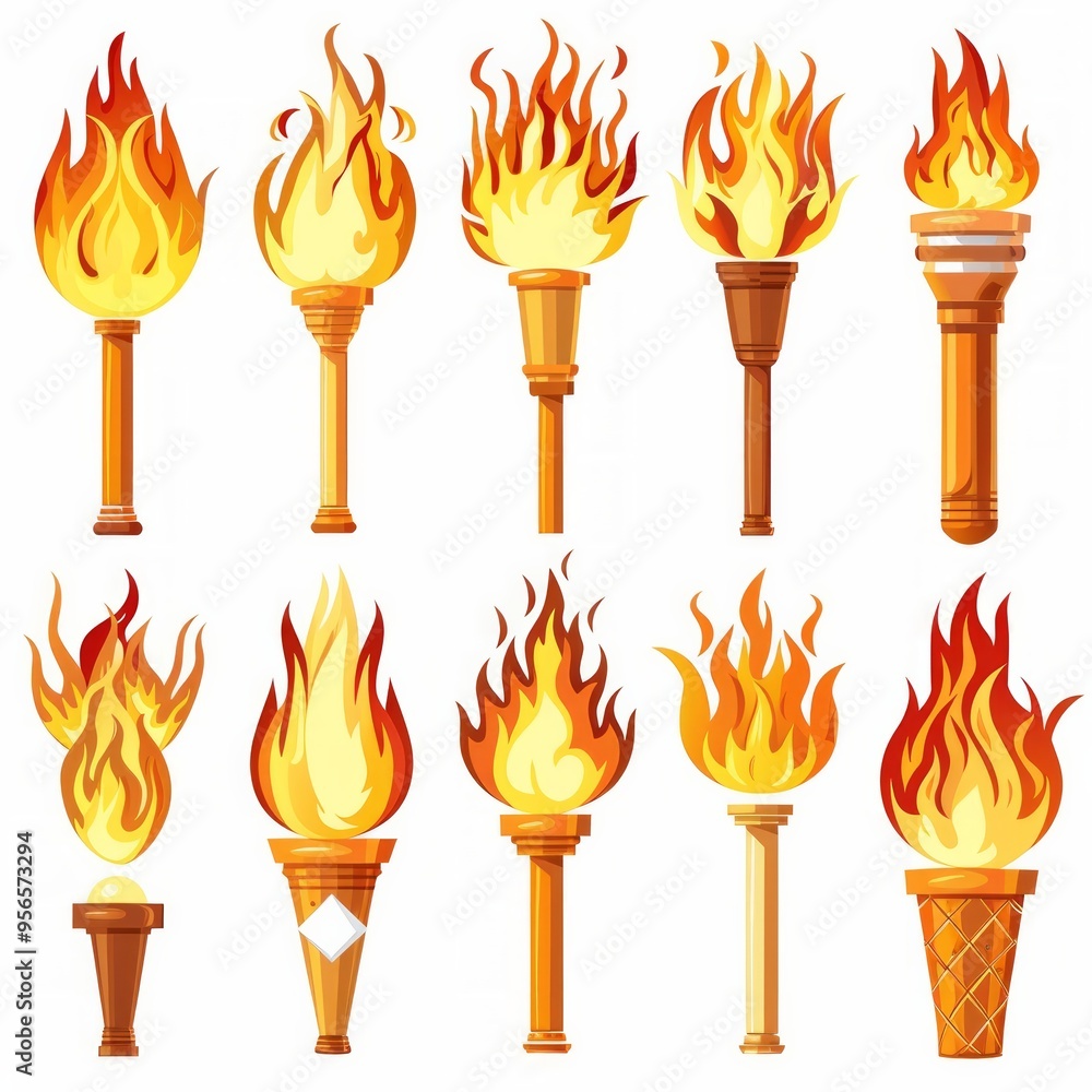 Poster set of different torch with fire on white background