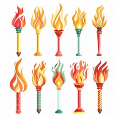Set of different torch with fire on white background