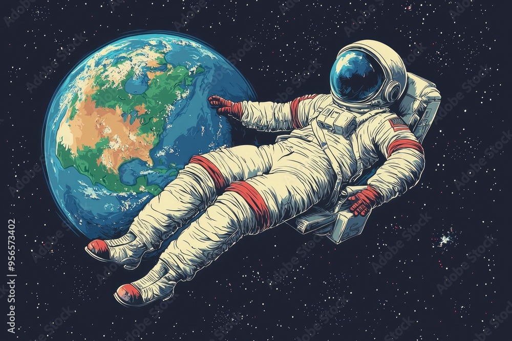 Poster astronaut floating in space, earth in view