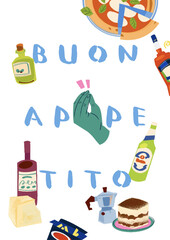 talian food grocery illustration poster wine pizza olive oil tiramisu cheese pasta coffee handwriting