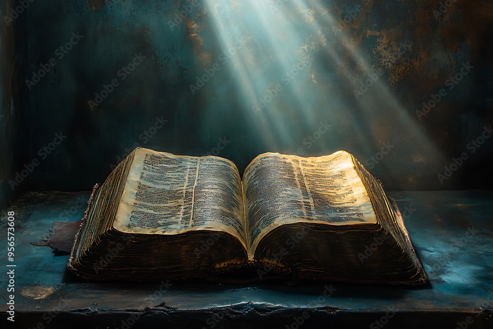 Poster an open book illuminated by a focused light from above, symbolizing divine guidance, with the light 